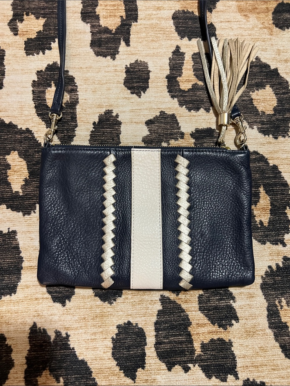Jack Rogers Navy and Cream Leather Crossbody with Tassel